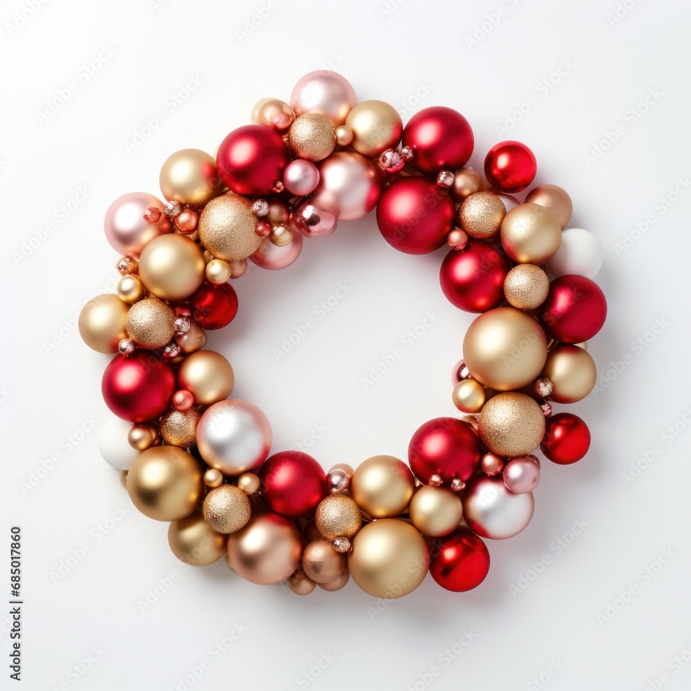 a red, gold and silver christmas wreath layered on top of a white surface a red, gold and silver christmas wreath layered on top of a white surface