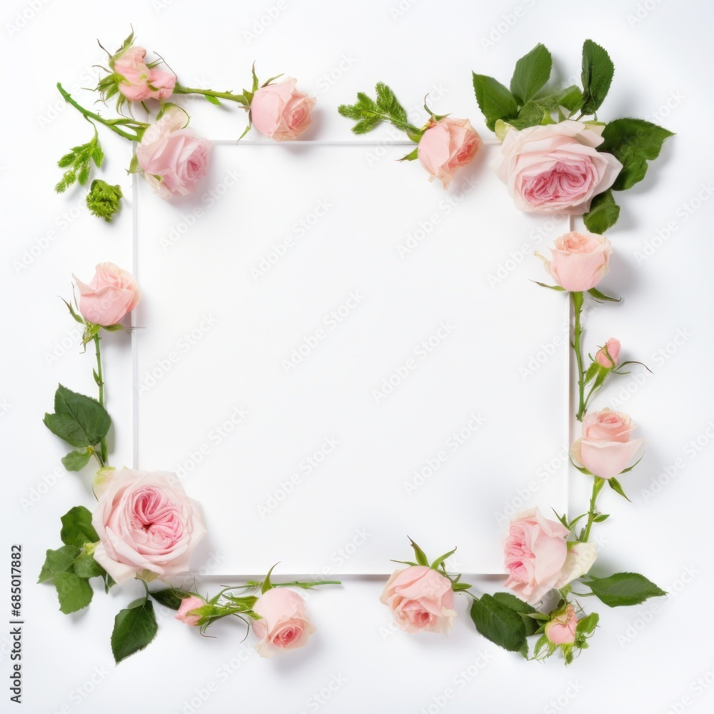floral frame on a white background with pink roses and green