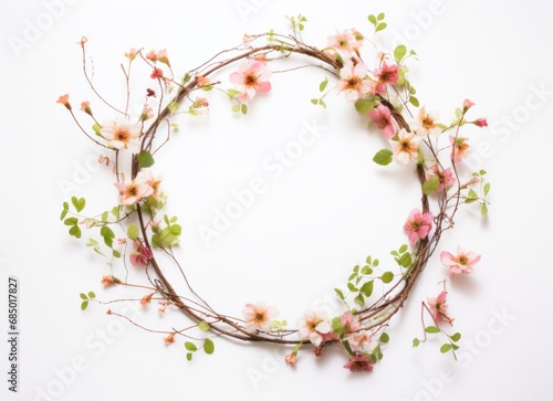 a circle wreath of pink and peach flowers,
