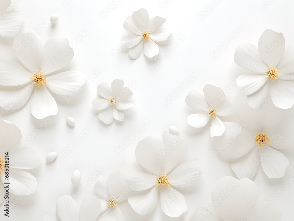blooming white flowers on a white minimalistic background. floral composition. Generative AI