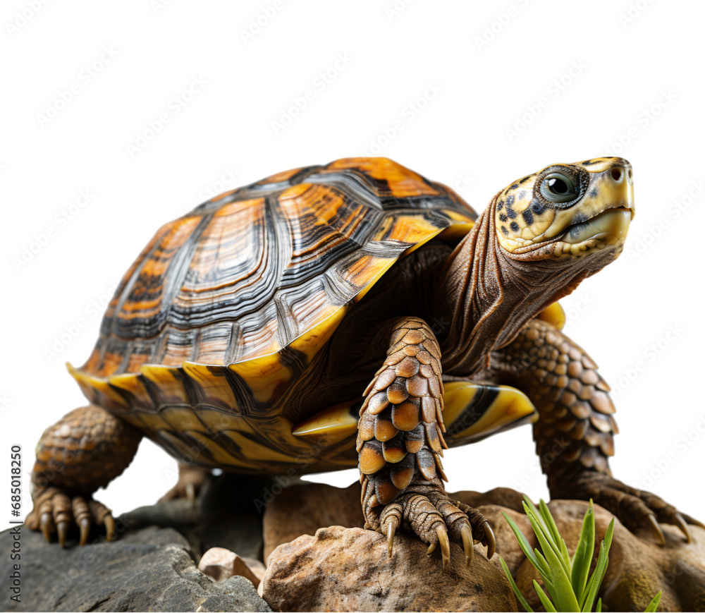 portrait of a turtle on a rock with a transparent background, generative ai