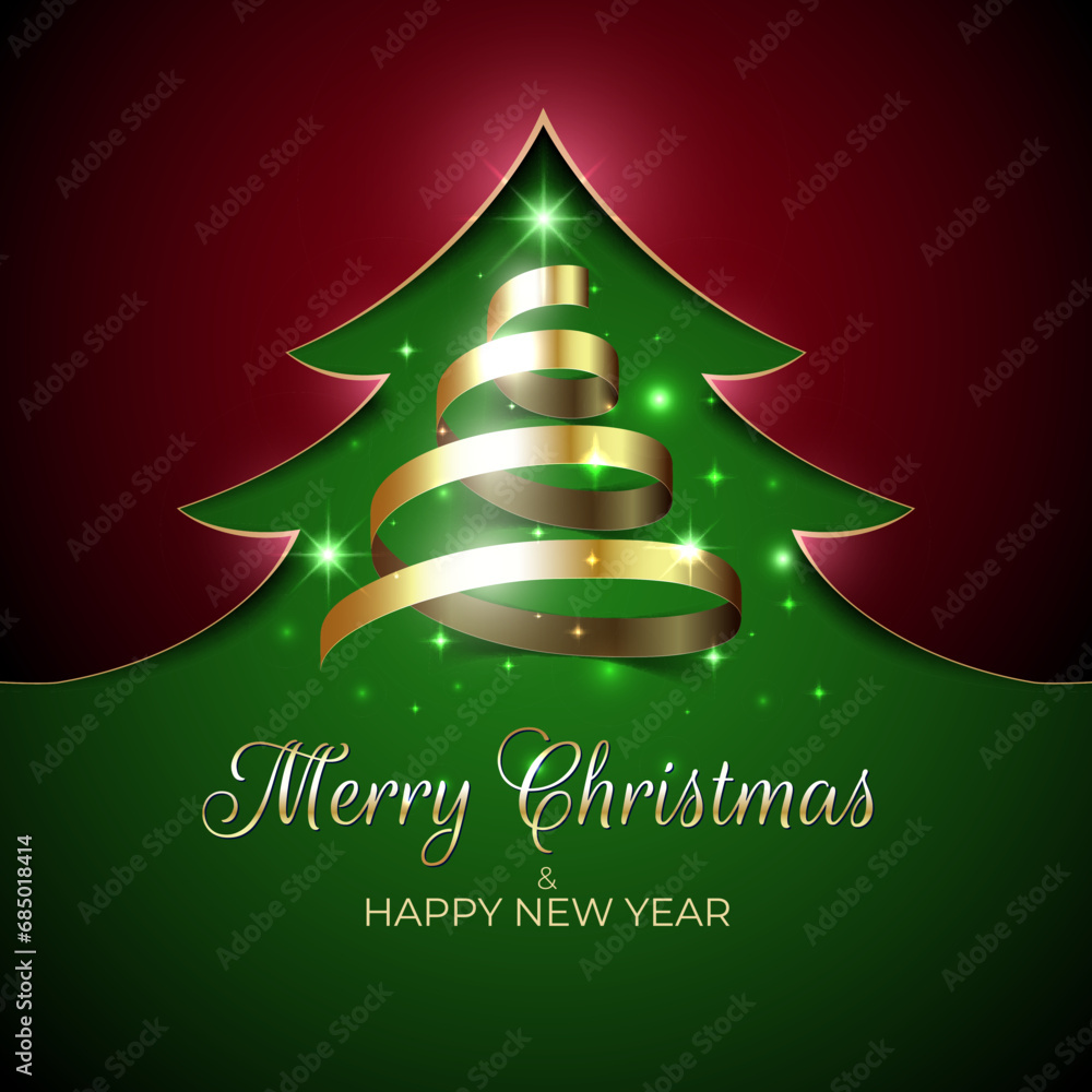 Merry christmas and happy new year. Shiny golden ribbon christmas tree. New year design for invitation, greeting card, calendar. Shiny gold. Holiday greeting card. Party event decoration, vector Merry christmas and happy new year. Shiny golden ribbon christmas tree. New year design for invitation, greeting card, calendar. Shiny gold. Holiday greeting card. Party event decoration, vector