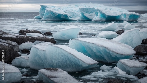 Ice Icebergs And Snow Covered Rocks Against The Sea Generative AI © sanverrstudio