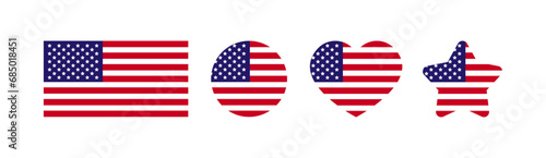 National flag of America. USA flag for language change design. National flag of America in the shape of a square, circle, heart, star. Vector icons photo