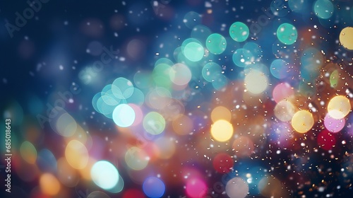 Snowy Christmas lights: colorful bokeh effect with RGB bulbs and snowflakes