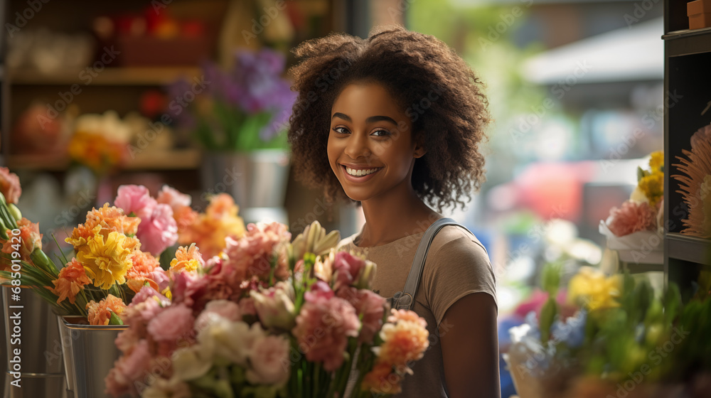 Young afro american woman selling flowers in shop