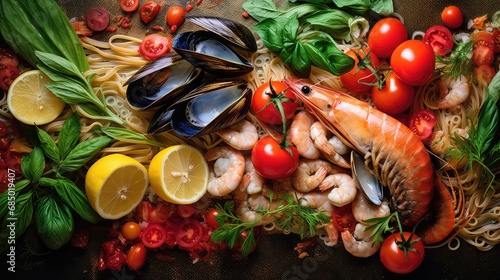 background ingredient seafood food seafood illustration pasta shrimp, salmon lobster, scallops mussels background ingredient seafood food seafood photo