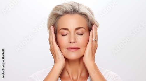Beautiful gorgeous 50s mid aged mature woman looking at camera isolated on white touching her glowing face skin with eyes closed to feel how tender it is