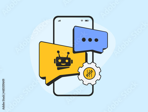 Custom Bots - AI chatbots customized for support, sales, marketing and business. Custom Machine Learning Model, Big Data AI Chat Bots. Vector isolated illustration on white background with icons