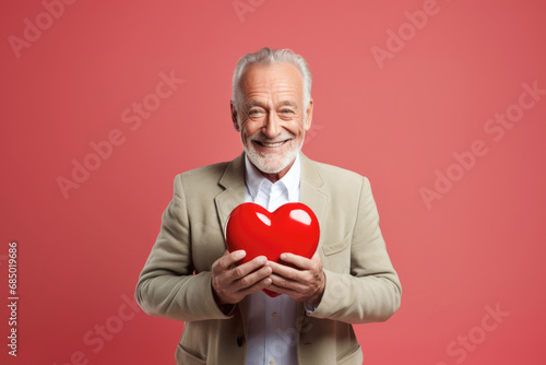 A happy senior man holding a red heart symbolizing love and celebrating Valentine's Day with a loved one. © EdNurg