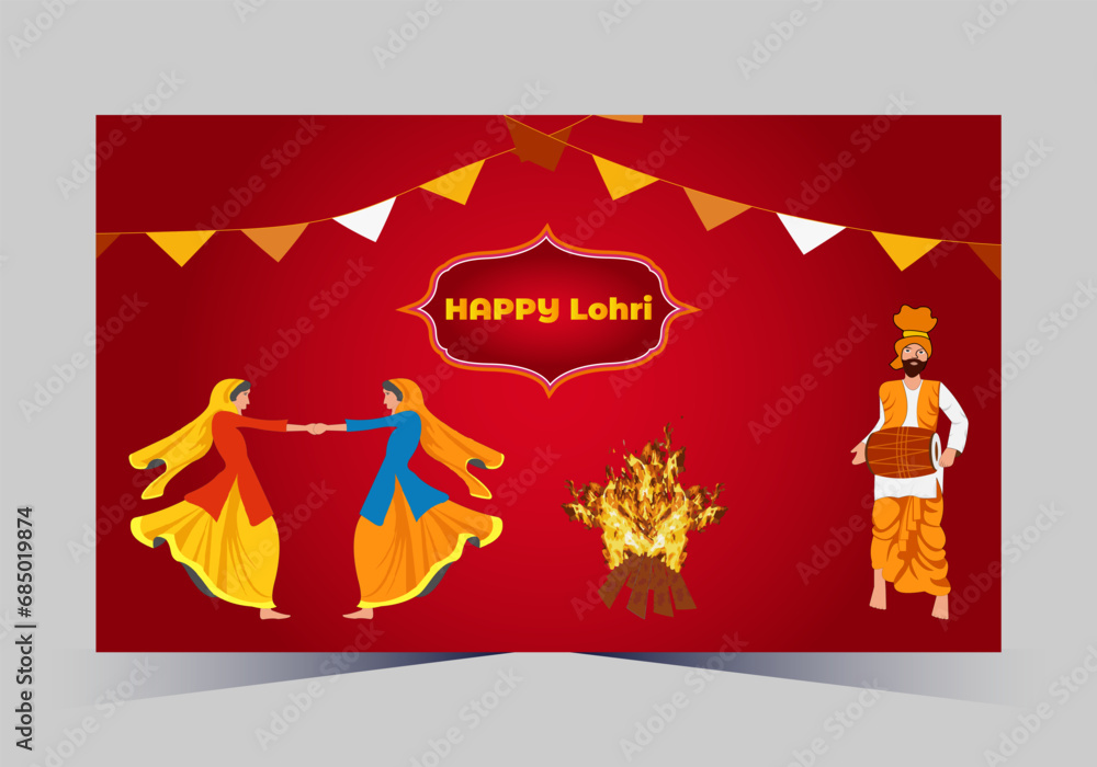 Fototapeta premium Happy Lohri text with dhole and grain vector template design