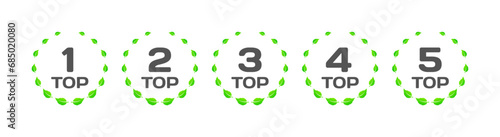 Top icons. Flat, green, top 1, 2, 3, 4, 5 icons. Vector icons