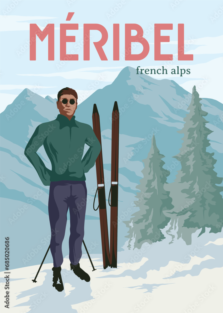 Φωτογραφία meribel ski resort vintage poster design, the skiers with mountain view poster i