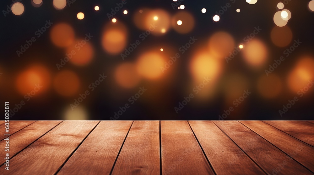 Empty wooden table with cozy living room and Christmas lights in snowy winter Empty wooden table with cozy living room and Christmas lights in snowy winter