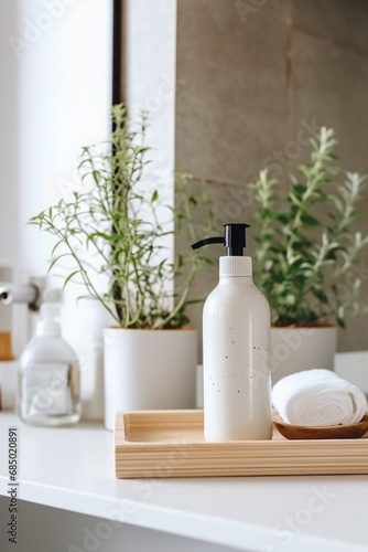 eco-friendly bottle Soap dispenser in bathroom interior. AI Generated