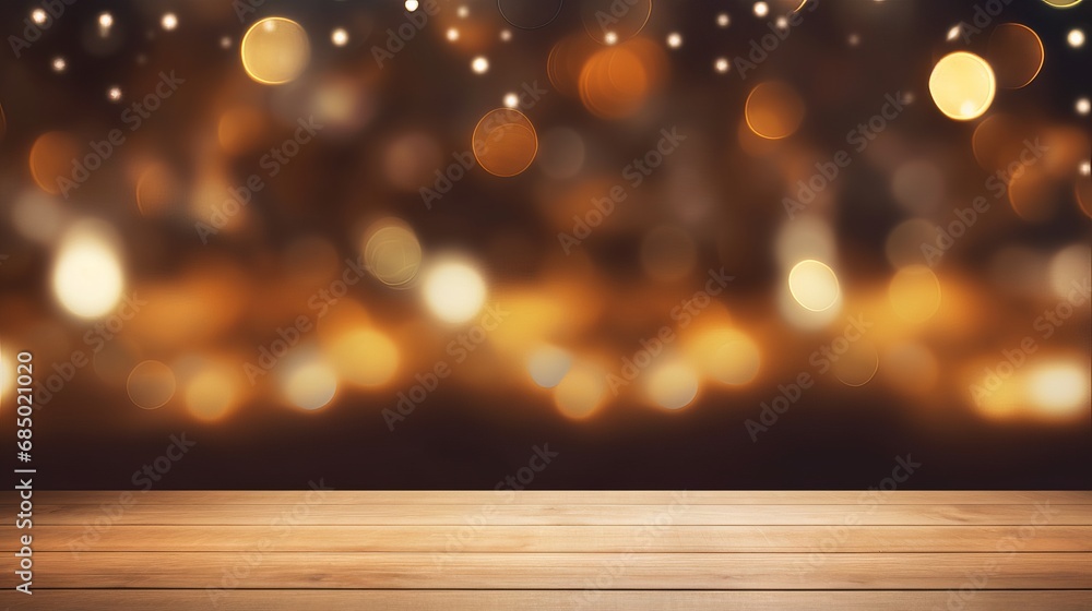 Empty wooden table with cozy living room and Christmas lights in snowy winter