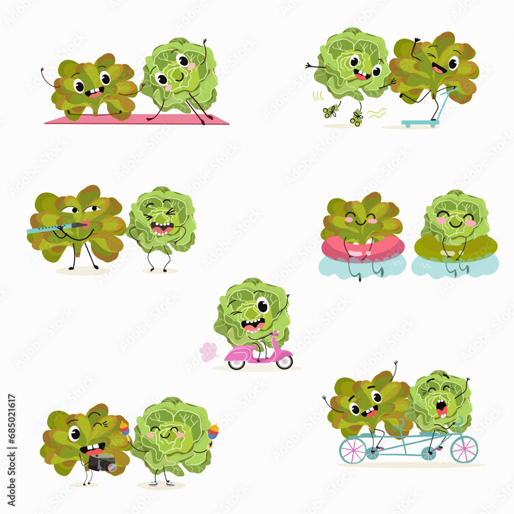 Obraz premium Vector set of funny fresh vegetarian characters buttery half head lettuce, analotta, buttery salad isolated on white background. Healthy food. Vegetarianism. The characters go in for sports and play m