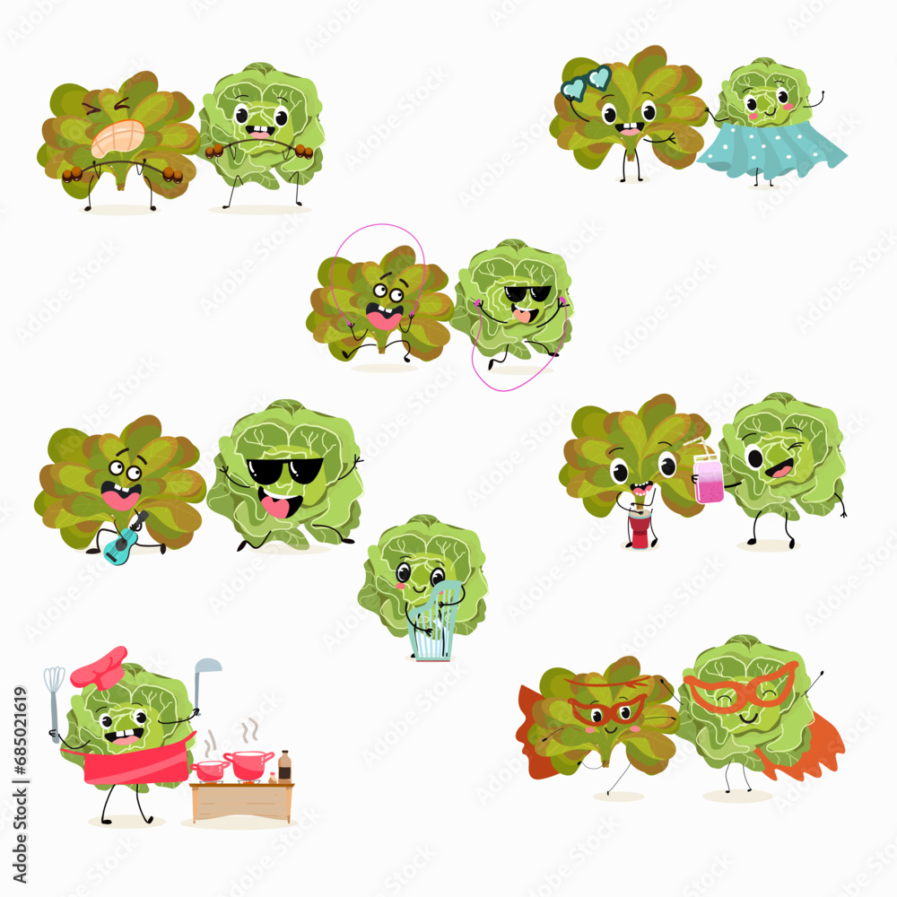 Obraz premium Vector set of funny fresh vegetarian characters buttery half head lettuce, analotta, buttery salad isolated on white background. Healthy food. Vegetarianism. The characters go in for sports and play m