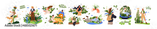 Eco-friendly concept set. Green sustainable environment, ecology, nature, ecosystem. Zero-waste lifestyle, saving and protecting planet. Flat graphic vector illustrations isolated on white background
