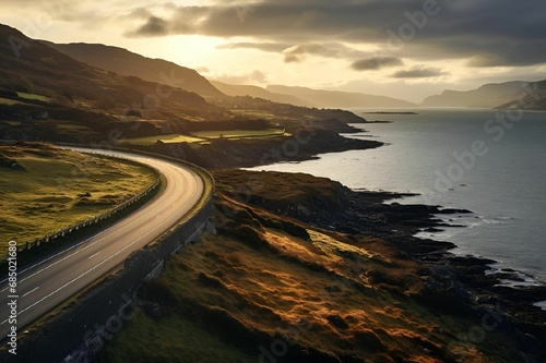 AI generated illustration of a winding road along the coastline at cloudy golden hour