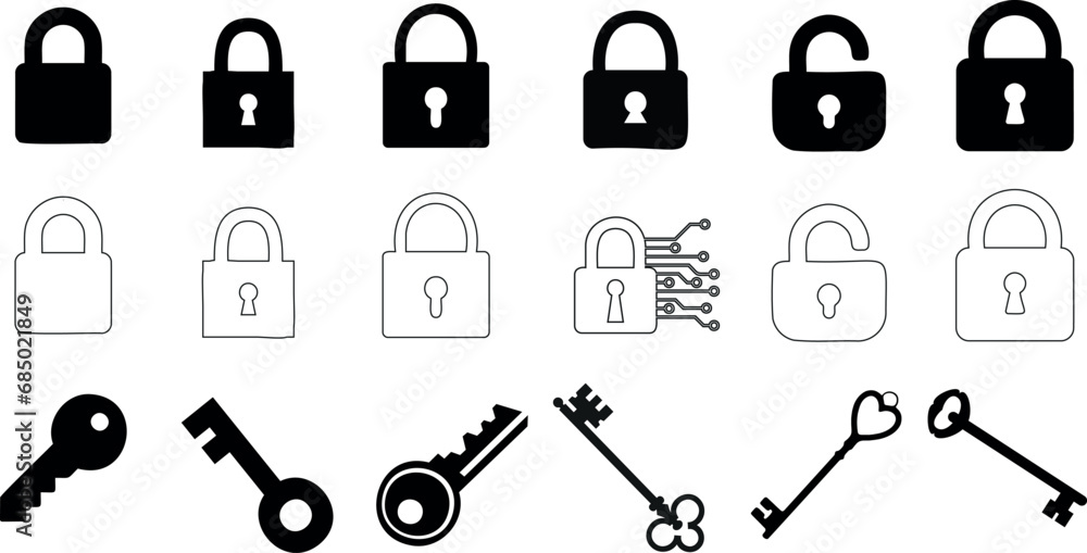 Lock, Key Vector Illustration Set. set of security icons. Features