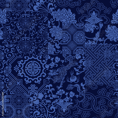Traditional Chinese brocade silk fabric patchwork vintage vector seamless pattern for kerchief shirt fabric tablecloth wrapping pillow