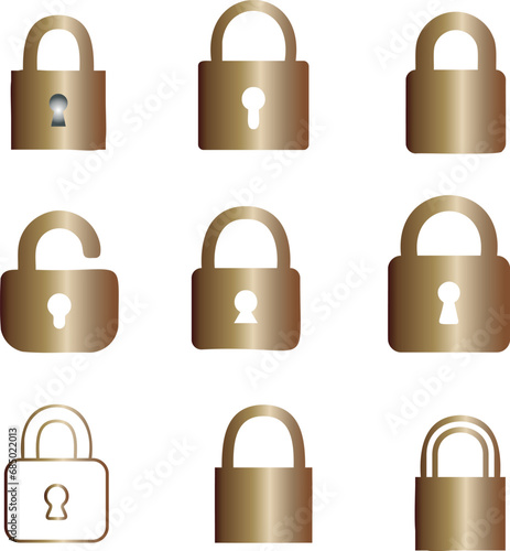 Ensemble de vecteurs de verrou, concept de sécurité, neuf designs uniques, fond blanc. Idéal pour les thèmes de sécurité, de confidentialité, de protection. Icônes de cadenas accrocheuses, parfaites