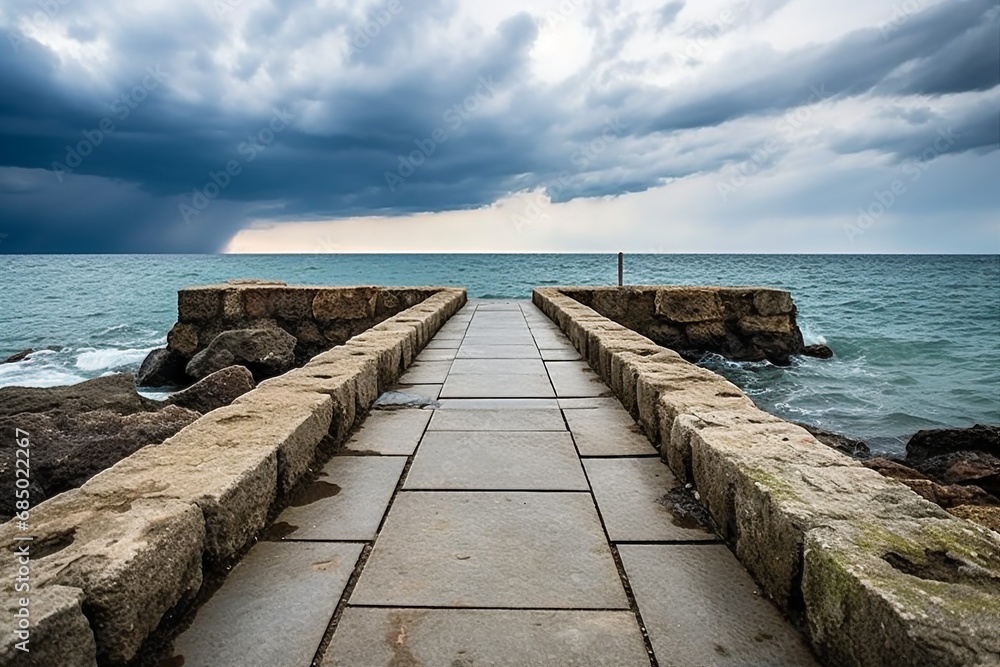 Another depiction of a stone walkway in the sea, accompanied by benches and set against a backdrop of stormy clouds in the sky.