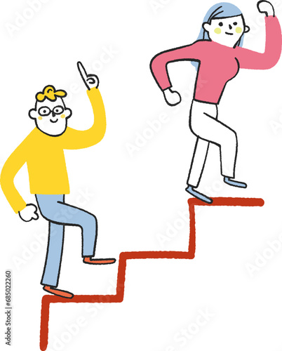 階段を勢いよく上る若い人たち　イラスト素材
