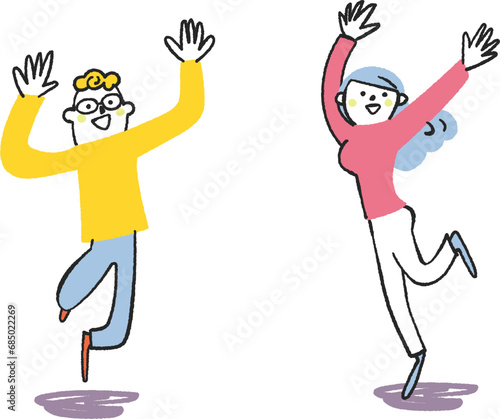 大きく万歳して跳ねる若い人たち　セット　イラスト素材
