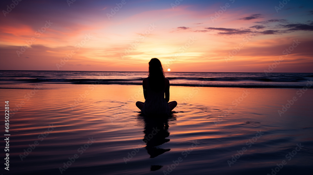a person sits in the lotus position on the seashore at dawn. the concept of meditation, harmony and inner peace. unity with nature