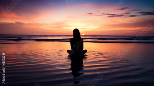 a person sits in the lotus position on the seashore at dawn. the concept of meditation  harmony and inner peace. unity with nature