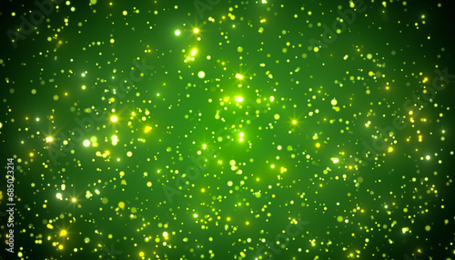 Illustration of golden glitter particles - particles of rain with defocused bokeh on green background. Abstract background. - Christmas and vacation concept.