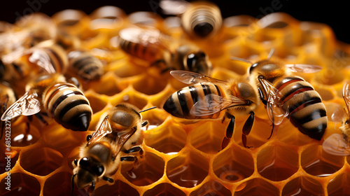 Generative AI : Beautiful honeycomb with bees close-up. A swarm of bees crawls through the combs collecting honey. Beekeeping, wholesome food for, close-up of queen bee among worker bees on comb, Cl   © Muhammad