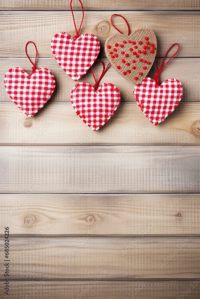 Fototapeta premium Valentine's day background with hearts and clothespins on wooden wall