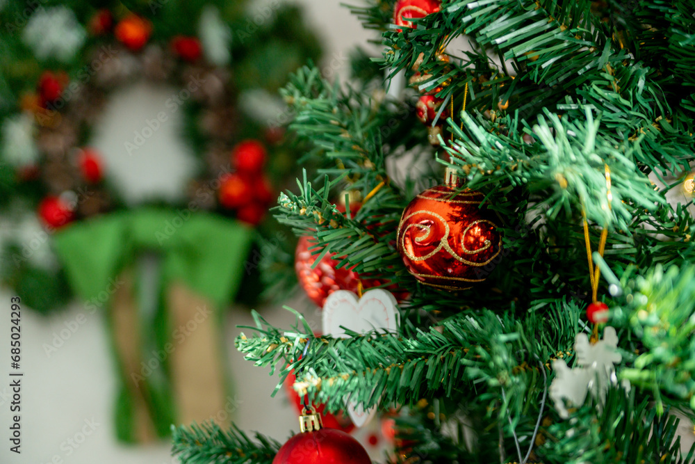 Christmas decorations. Christmas tree with various red Christmas decorations: balls, hearts, icicles, stars Christmas decorations. Christmas tree with various red Christmas decorations: balls, hearts, icicles, stars