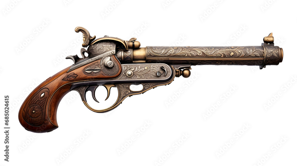 Fototapeta premium Old pirate flintlock pistol, pirate gun weapon isolated on a transparent background, cutout PNG file