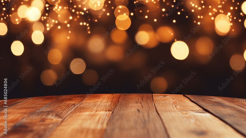 Rustic wood table with festive decorations and bokeh lights in the background Rustic wood table with festive decorations and bokeh lights in the background