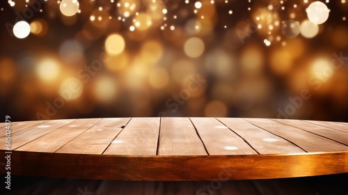 Rustic wood table with festive decorations and bokeh lights in the background