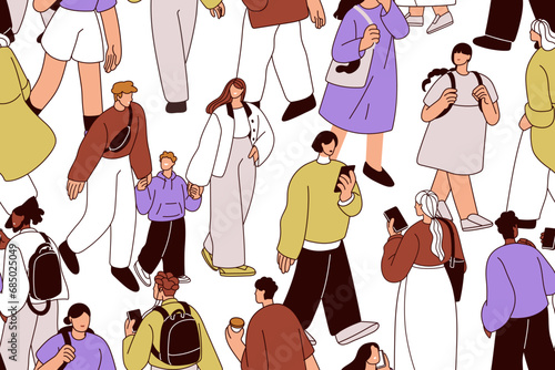 Crowd on city street, seamless pattern. Endless background, repeating print design with busy urban characters going. Many people, swarm. Printable flat graphic vector illustration for textile, fabric