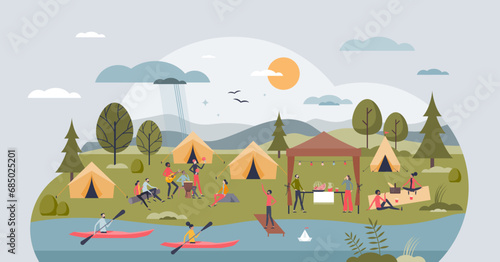 Community care retreat crowd and support camp for healing tiny person concept. Social inclusion and interaction for disease recovery with active lifestyle and communication vector illustration.