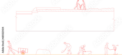 Vector sketch illustration design technical drawing detailed work method for carrying out land leveling work