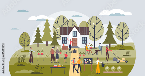 Community care workshop and all social groups together tiny person concept. Society with included sick people to give support for well being and encouragement vector illustration. Local assistance.