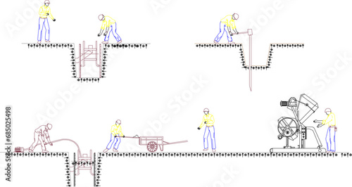 Vector sketch illustration of detailed technical drawing design work method for installing foundation piles for multi-storey buildings