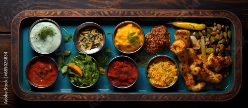 From a top view, the mouthwatering blue tray displayed a delectable spread of spicy dishes, such as butter chicken, chicken tikka, and naan, garnished with colorful leaf vegetables, coriander