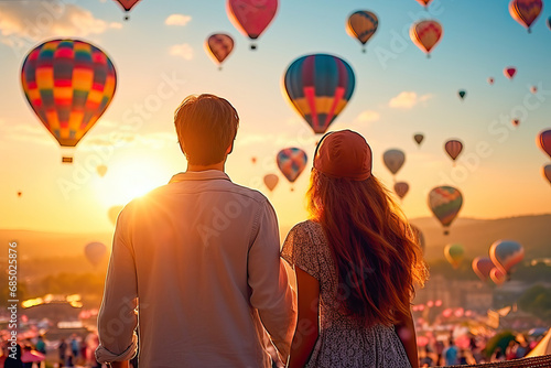 Young couple watching hot air balloons fly in Cappadocia