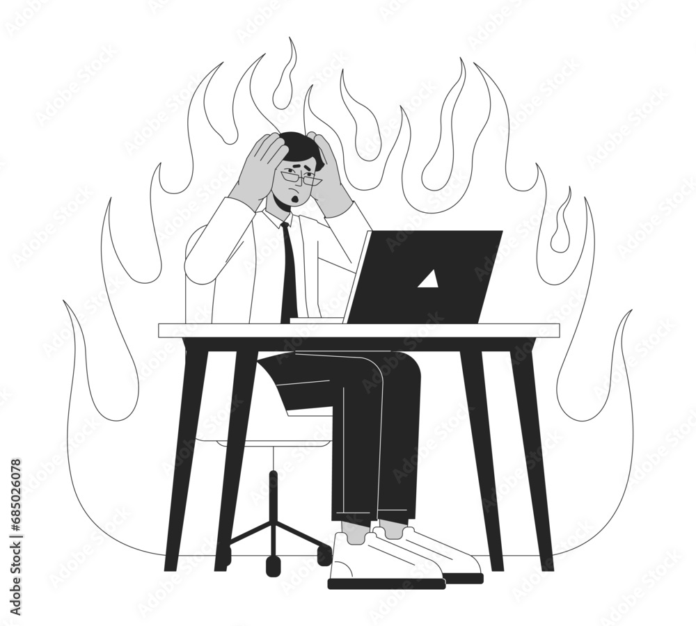 Migraine overwhelmed indian eyeglasses man black and white 2D line cartoon character. Tired burnout adult office worker at laptop isolated vector outline person. Monochromatic flat spot illustration