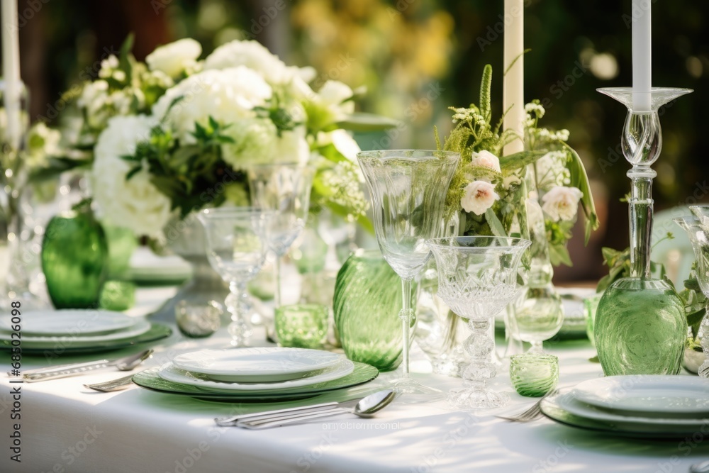 Wedding table setting in white and green tones