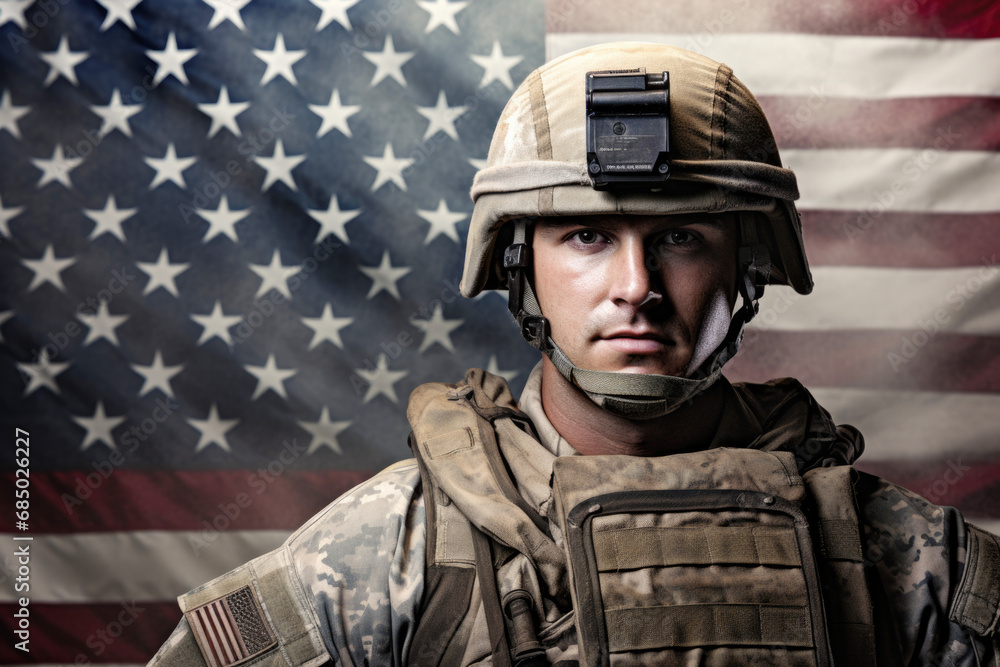 American military man defending his country stands against the background of the US flag American military man defending his country stands against the background of the US flag