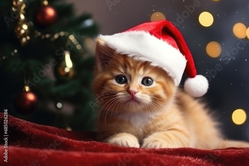 A kitten in a Santa Claus hat on the background of a Christmas tree